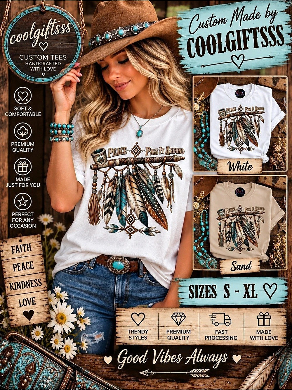 Western Boho Graphic T-Shirt Womens Custom Tees S-XL Designed by coolgiftsss New